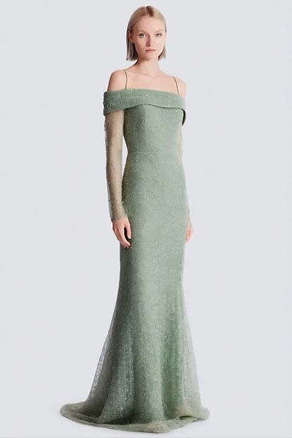 Mint Kayık Yaka Işıltılı Abiye Elbise